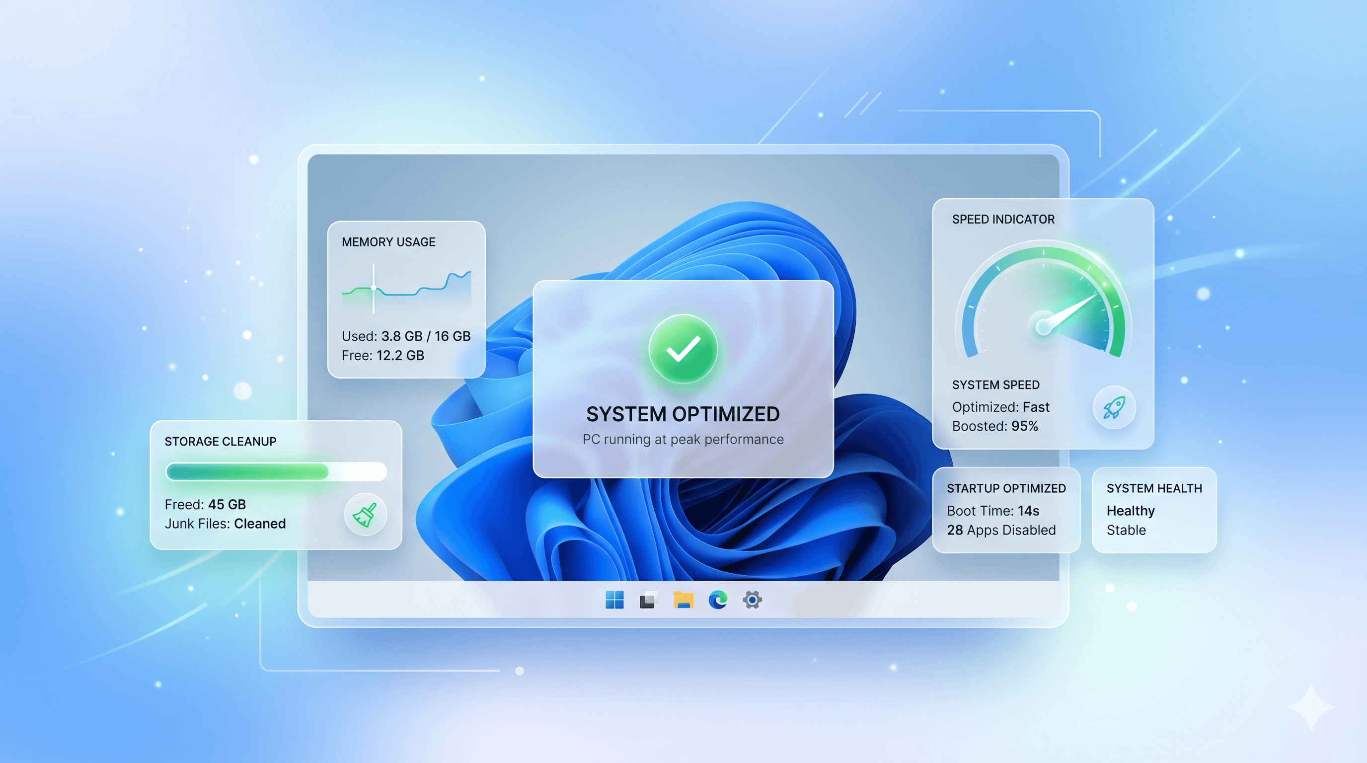 A Windows optimization dashboard showing system optimized, speed meter, memory boost, and storage cleanup status